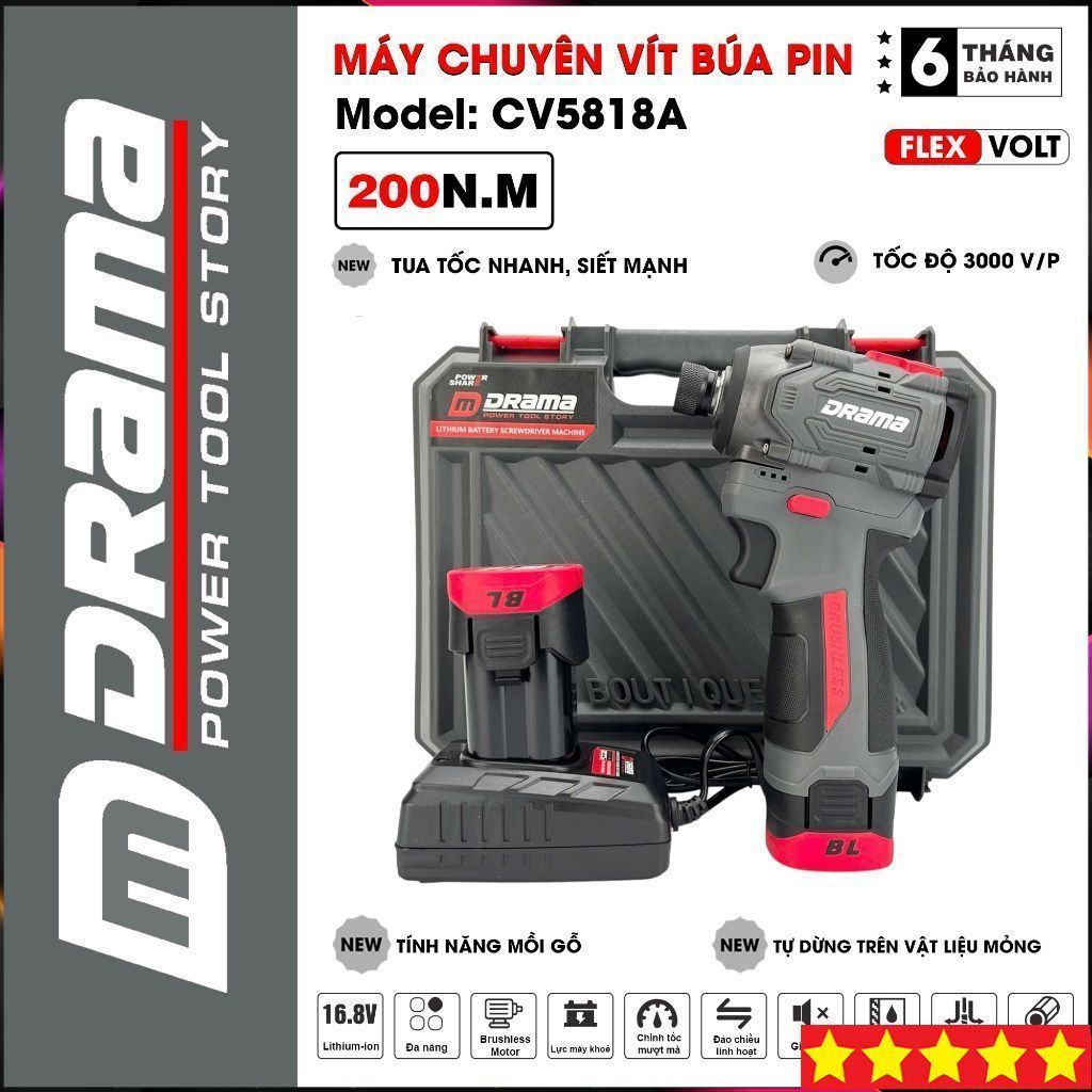 Máy chuyên vít búa pin DRAMA CV5818A, Không chổi than, Lực siết 200NM, Tốc độ 3000 v/p, Chất lượng