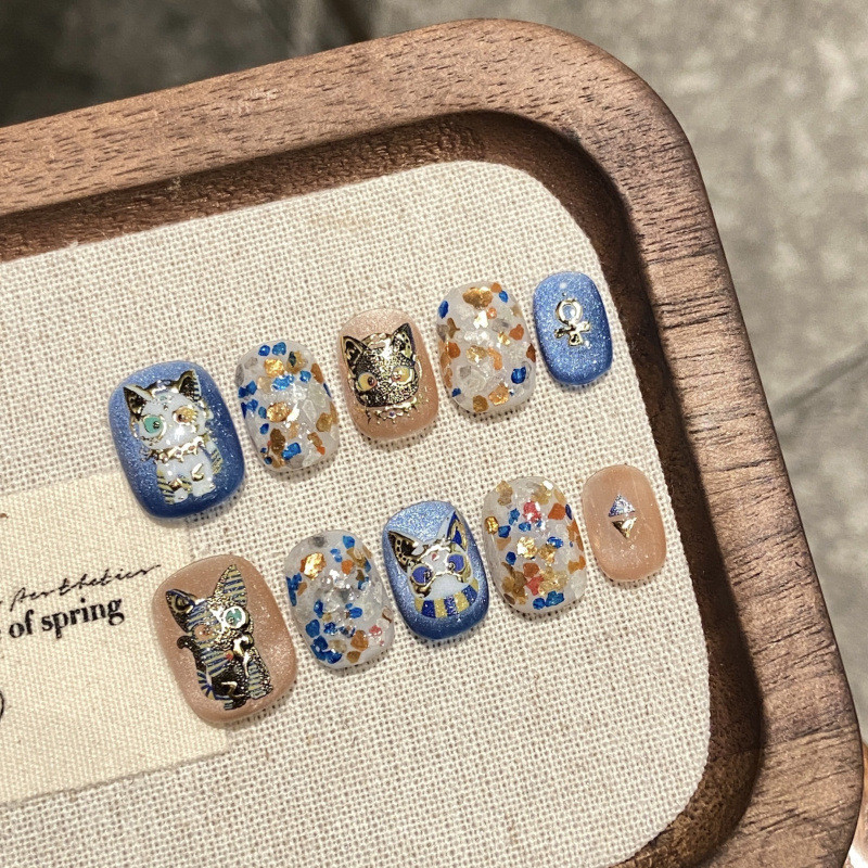 Móng Tay Giả Handmade Nguyên Chất [Jenny Cat] Phong Cách Mới Vẽ Tay Điểm Vàng Mèo Xanh Nguyên Chất H