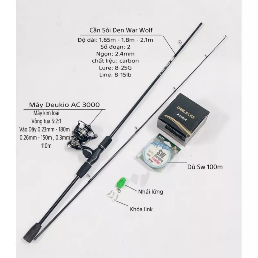 Combo cần câu lure Sói Đen máy đứng Deukio AC3000 hoặc FS3000 và phụ kiện giá rẻ