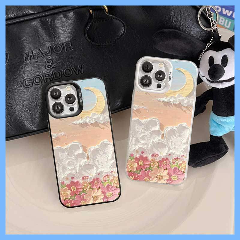 Ốp Lưng iPhone Hoa Hồng Hồng Và Trăng Vàng Nghệ Thuật,iP 11/12/13/14/15/16/17/Plus/Pro/Max/XR/XS