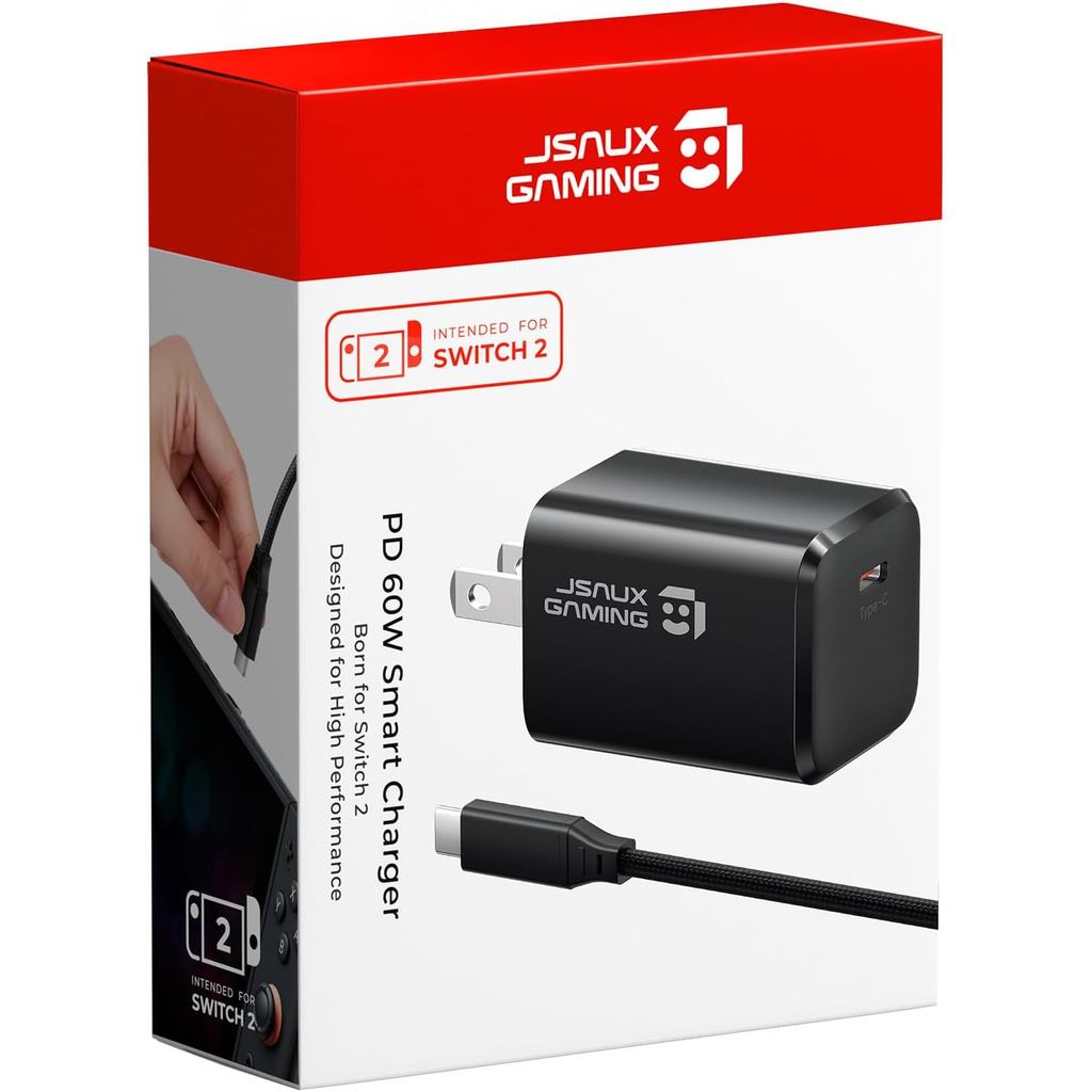 Bộ sạc USB C JSAUX 60W cho Nintendo Switch 2 Hỗ trợ chế độ TV, Bộ sạc GaN di động có cáp 6,6ft, Sạc 