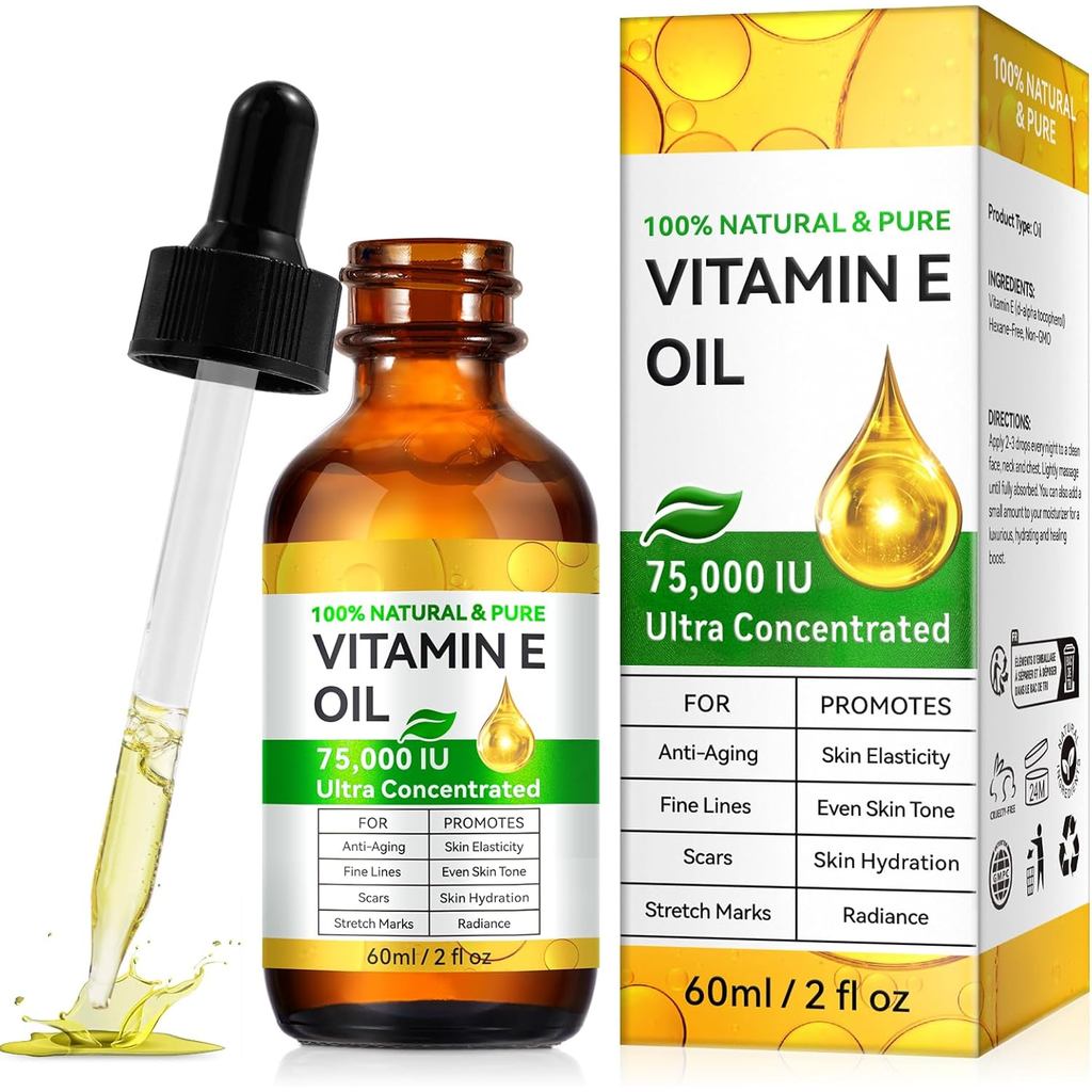 Dầu Vitamin E Cho Da - 75.000 IU | Dầu Vitamin E Hỗ trợ giảm sẹo, vết rạn da, nếp nhăn, 100% tự nhiê