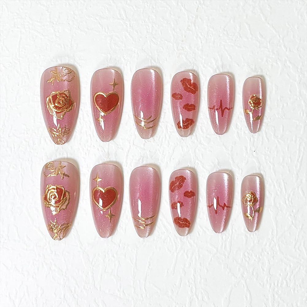 Valentines Nails - Almond Press On Nails Medium Fake Nail With Gilded Rose Blush Cat-Eye Red Lips Th