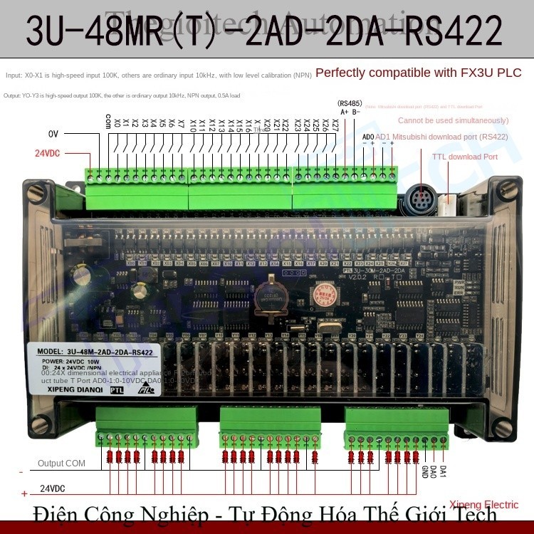 Bo Mạch lập trình PLC PTL FX3U-24MT, FX3U 10/14/24/30/48/66/MR/MT 2AD2DA 0-10V RS422/TTL/RS485 24VDC