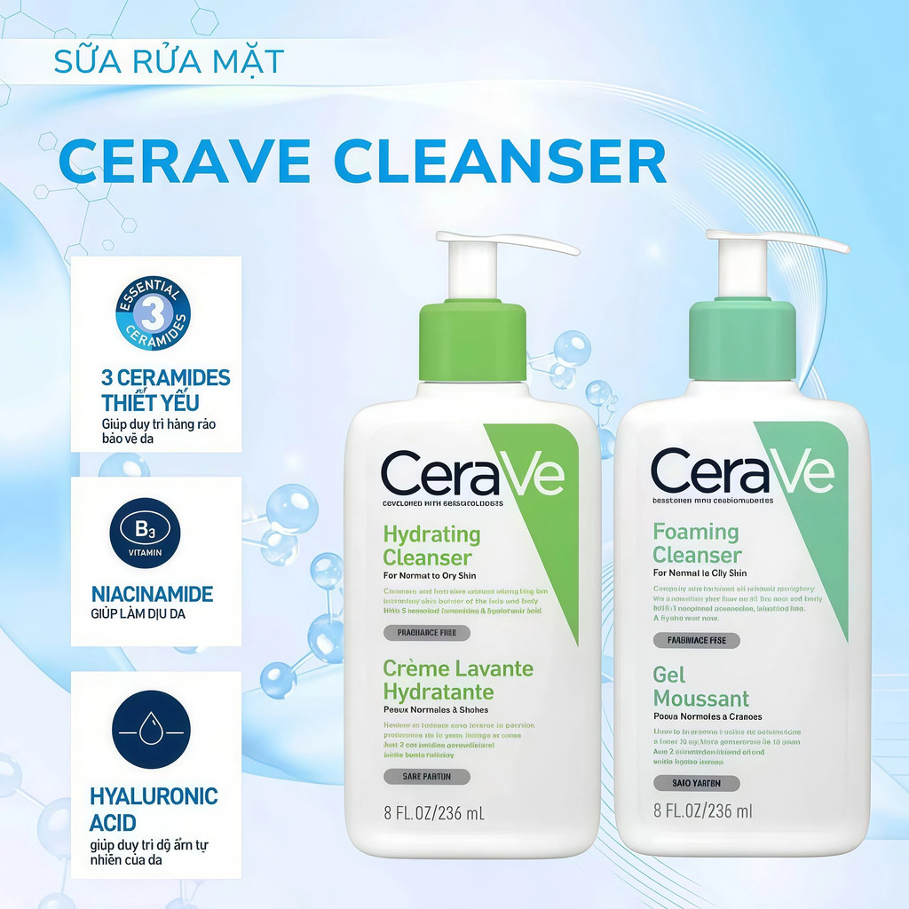 Sữa rửa mặt Cerave Foaming Cleanser, Hydrating Cleanser, SA Cleanser Cho Da Dầu Mụn [236ml]