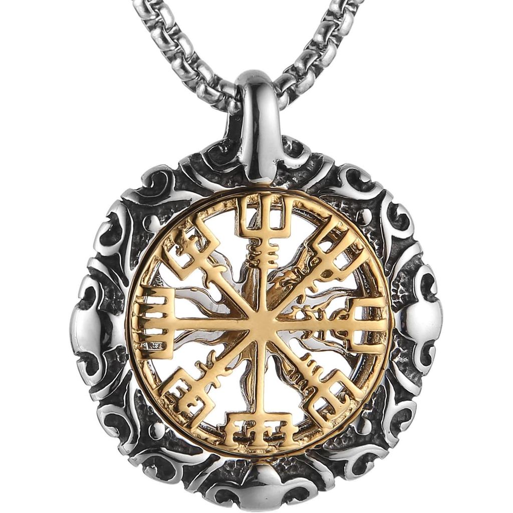 Vòng cổ thép không gỉ thiết kế Vegvisir Norse, phù hiệu may mắn Bắc Âu