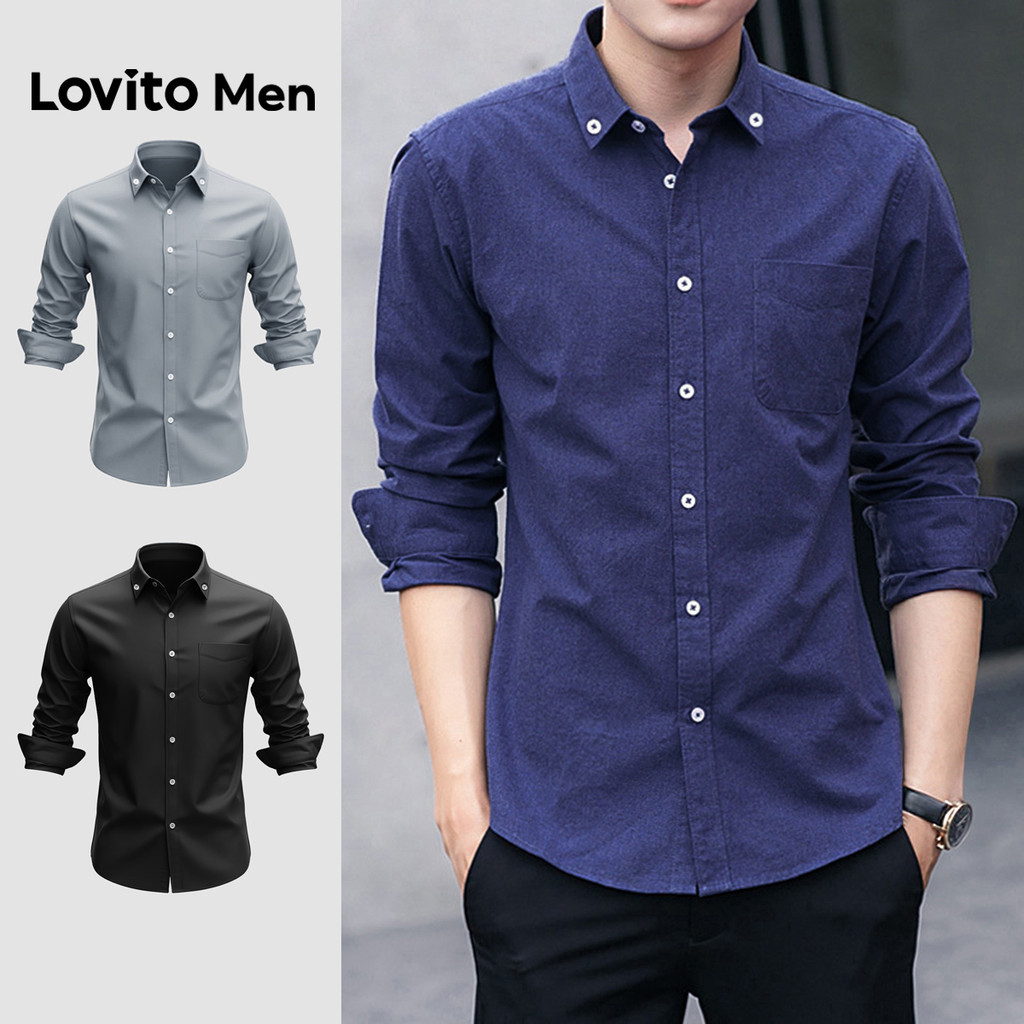 Lovito Men  Áo sơ mi nam màu xanh hải quân áo sơ mi thường ngày áo sơ mi cài nút. LNE138077