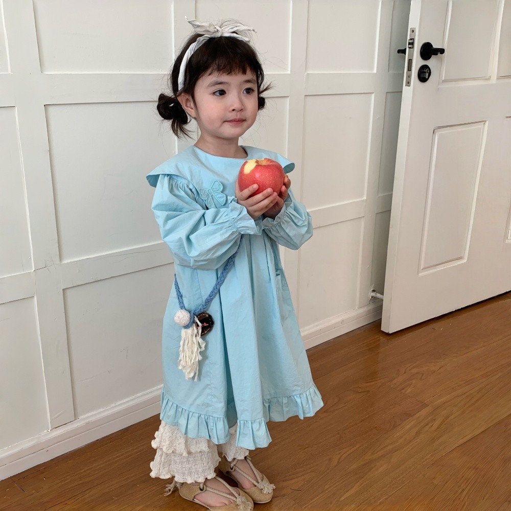 Theioioio Váy trẻ em cổ Peter Pan thêu nơ 100% Cotton cao cấp mềm mại thoáng mát màu Xanh Baby 2-6 t