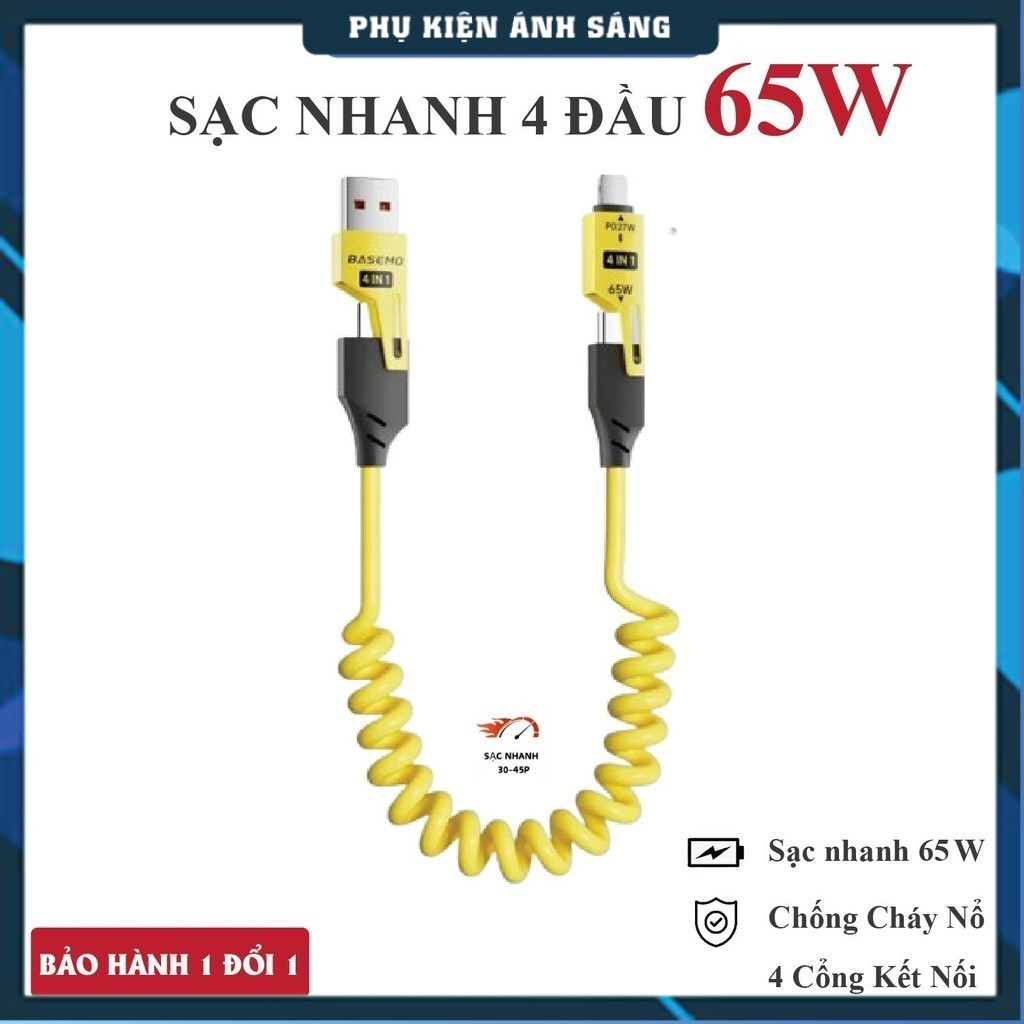 Cáp sạc nhanh 4 đầu - 65W. Cáp sạc 4in1 dây dù đầu cáp kim loại, chống gẫy. Cáp sạc lò xo Dây sạc 4i