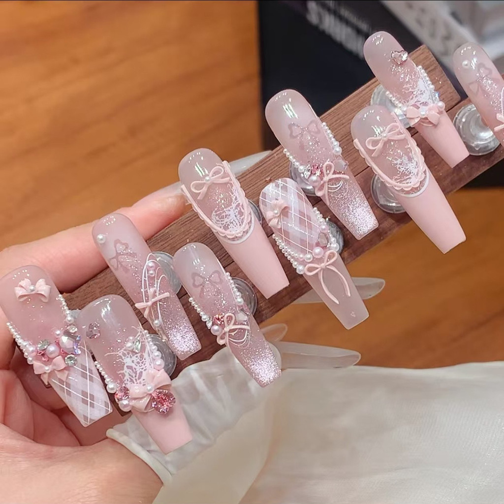 [Hàng có sẵn] 100% Handmade Nơ Choker Press on Nails Coquette Móng Tay Giả