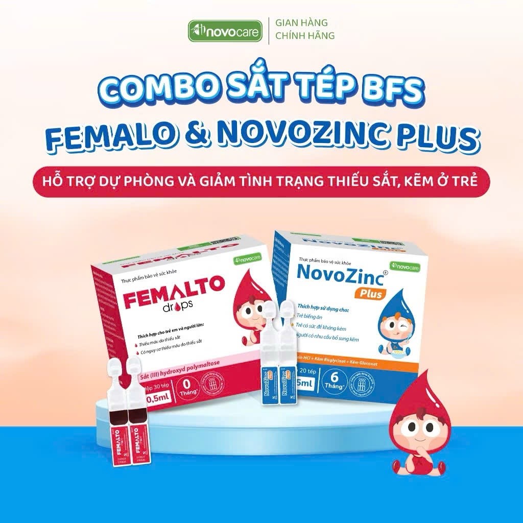 Combo sắt kẽm dạng tép BFS Novocare - Sắt Femalto + Kẽm NovoZinc Plus, Giúp bé ăn ngon, tăng đề khán