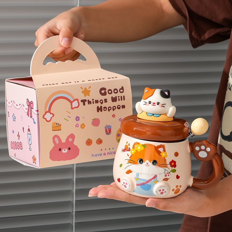 Cốc Mèo Dễ Thương Có Nắp Thìa Cô Gái Giá Trị Cao Cặp Đôi Hộ Gia Đình Văn Phòng Cốc Uống Quà Tặng Sin
