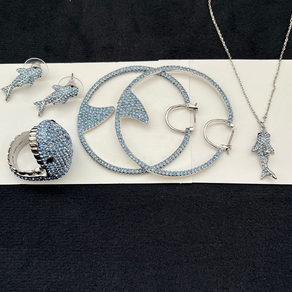 Summer Ocean Style Blue Full-Diamond Super Shiny Cute 3D Blue Shark Earrings Ring Necklace  Earring 