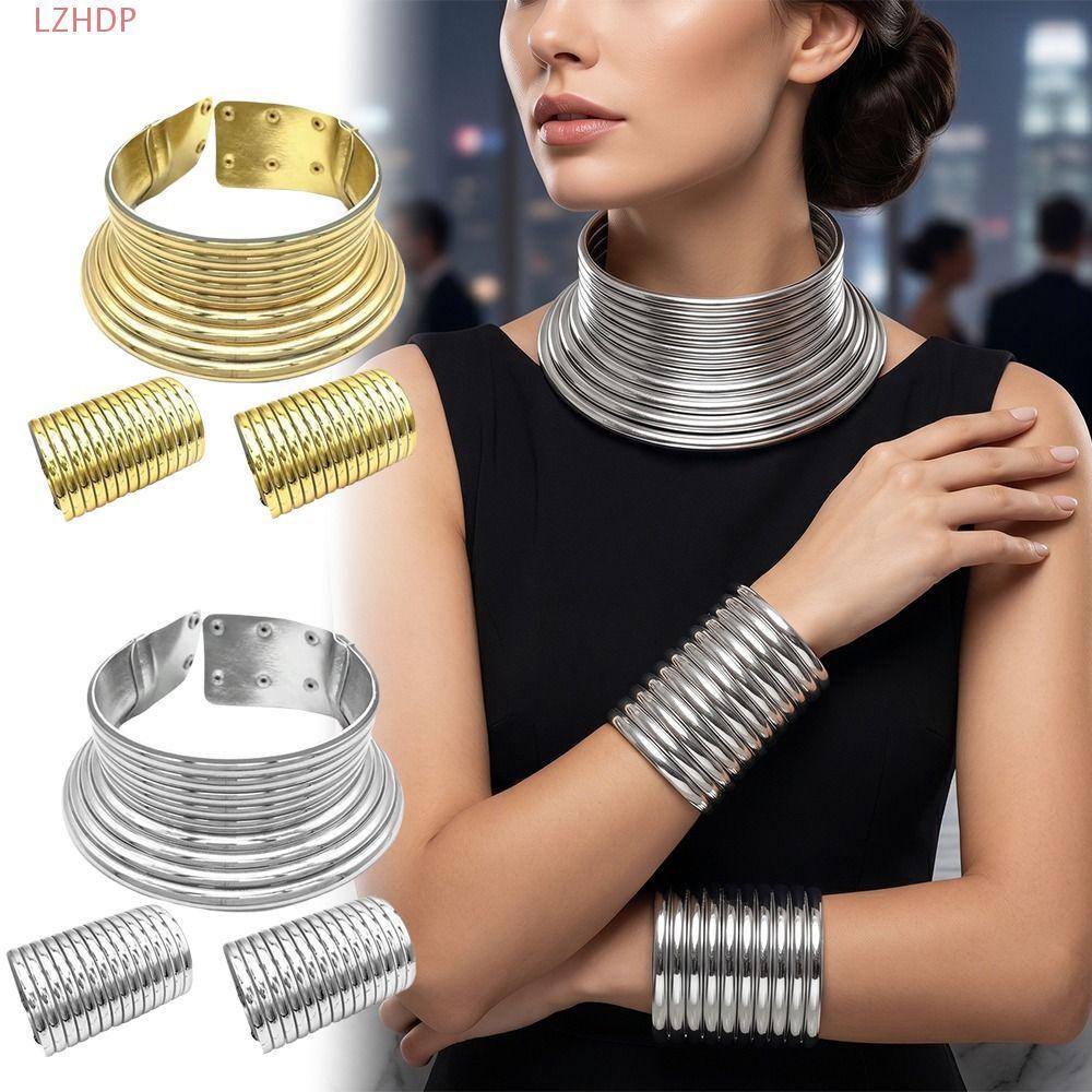 LZHDP 3 Bộ Vòng Tay Cổ Châu Phi, Bộ Cổ Vòng Cổ Phong Cách Châu Phi Lớn Màu Bạc, Bộ Vòng Tay Cổ Bộ Lạ
