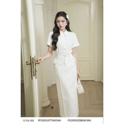 Áo sơ mi vân xước trắng tay lơ vê thiết kế Elise mã FF2505107TSWOWH
