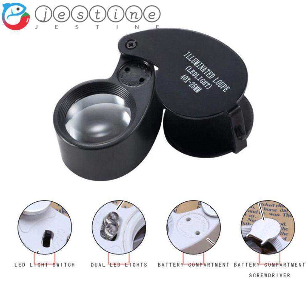 Kính lúp có thể gập lại JESTINE, Kính lúp gấp 40X cầm tay, Trang sức LED ống kính Mini 40X
