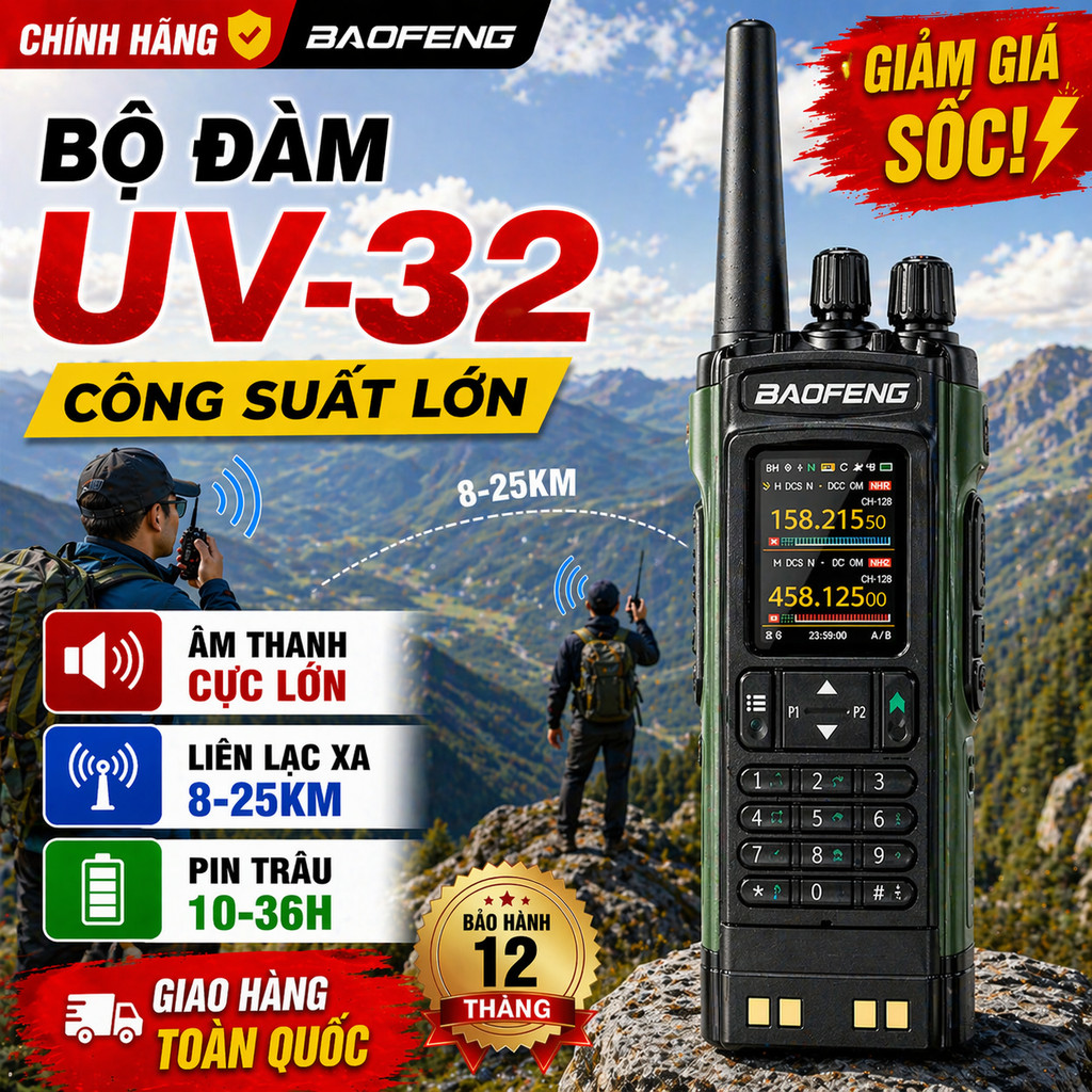 Bộ Đàm Baofeng UV32 Công Suất Lớn | Liên Lạc Xa 8-25km | Pin Trâu 10-36H | Dùng Cho Công Trường, Du 