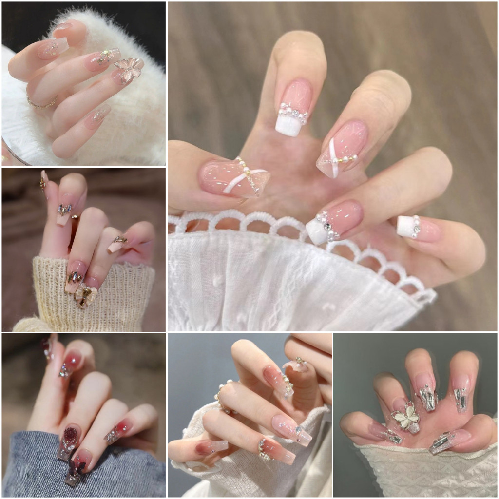 [24 Cái] 24 / Cái DIY Móng Tay Giả Ngón Tay Pháp Móng Tay Nghệ Thuật Móng Tay Giả Kim Cương Giả Ngọc