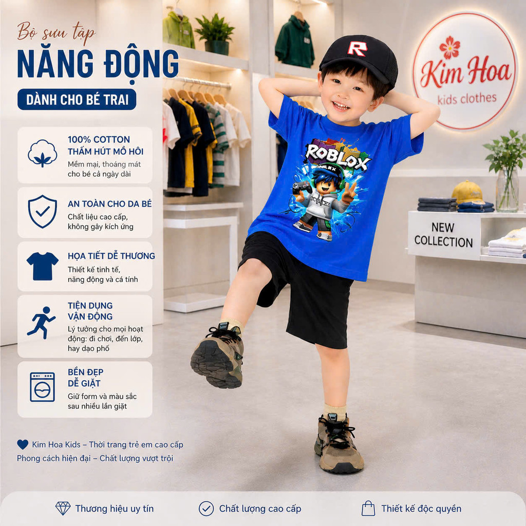 KH06 X(10-50kg) Bộ bé trai cotton co giãn 4 chiều cao cấp - Set áo thun quần short mùa hè size 10-50kg - Kim Hoa Shop