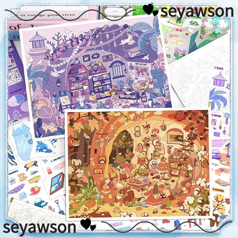 SEYAWSON Pocket Cabin Scene Sticker, DIY Journal Decor Landscape Sticker, Cute Pumpkin Hut Floral Se