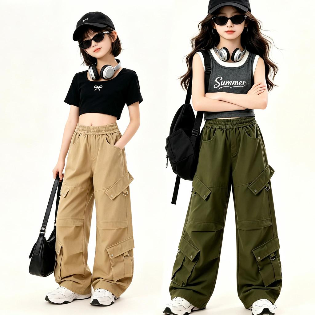 QuầN Cargo Bé GáI DáNg RộNg ĐA TúI Style NgọT NgàU & Cá TíNh Kaki Xanh QuầN Douyin Style