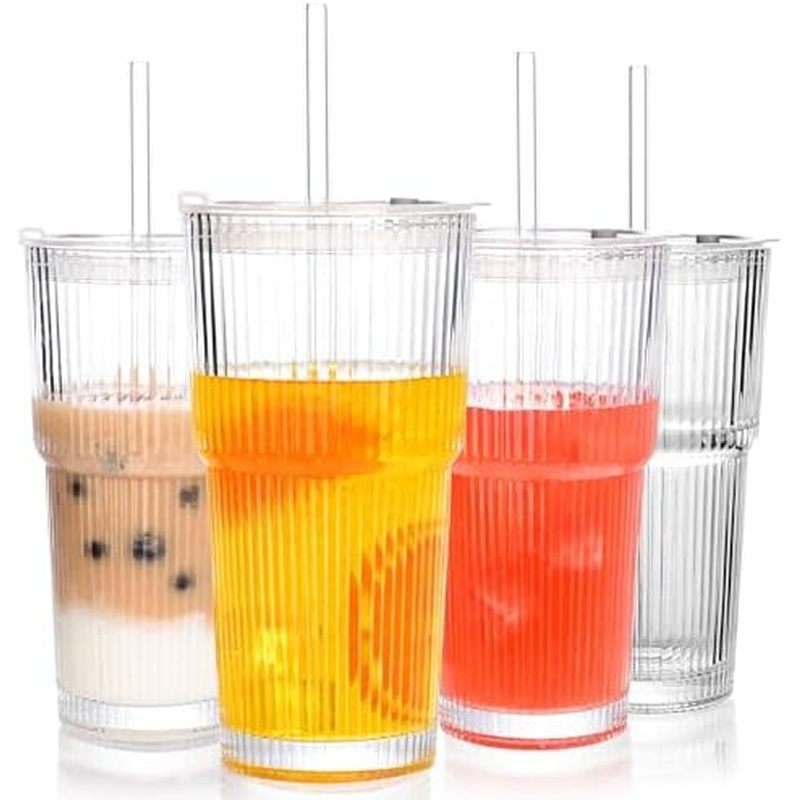 20 oz Ribbed Glass Tumblers With Lids and Straws,Clear Drinking Glasses Set of 4,Reusable Vintage Ic
