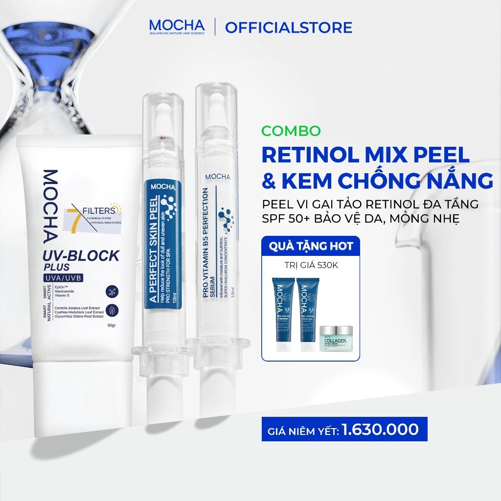 Combo Retinol Mix Peel & Kem Chống Nắng Phục Hồi SPF 50 MOCHA Derma 50g + Tặng 3 quà -  Hàng chính h