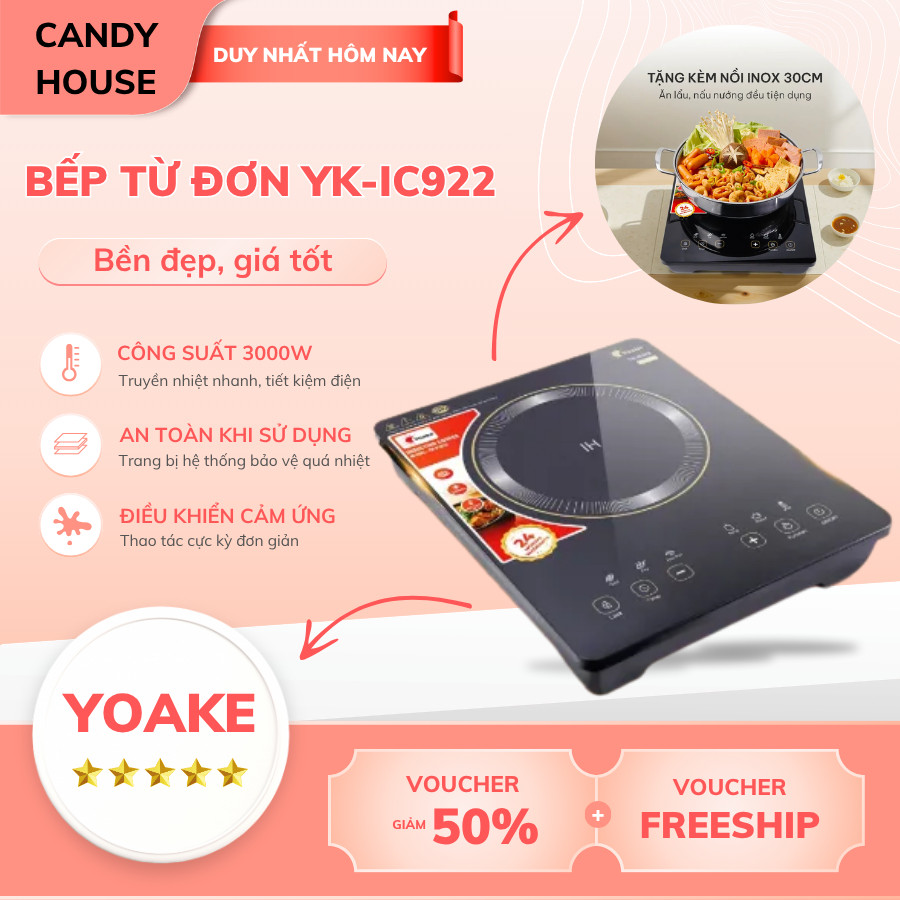 Bếp Từ Đơn Yoake YK-IC922 Công Suất 3000W Nấu Nhanh, Hẹn Giờ, Khóa An Toàn, Mặt Kính Cường Lực
