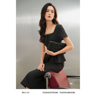 Áo đen peplum gấu đai eo thiết kế Elise FS2504018TSWOBK