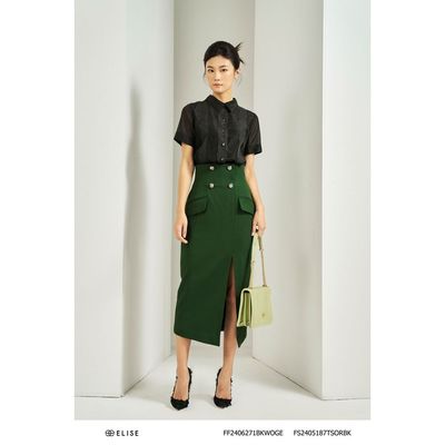 Chân váy dài tweed rêu mỏng cạp cao thiết kế Elise FF2406271BKWOGE