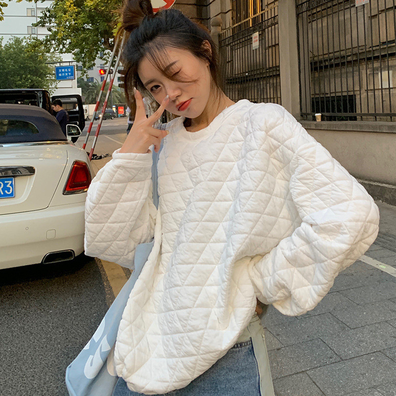 Áo khoác waffle hiphop nữ thu đông, phong cách Hàn Quốc và lười, thiết kế dày và quilted