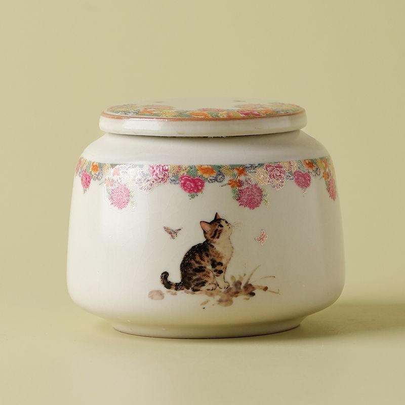 Be Ru Kiln Xidie Cat Tea Caddy Hộ Gia Đình Di Động Trà Kho Kung Fu Tea Set Ru Kiln Gốm Sứ