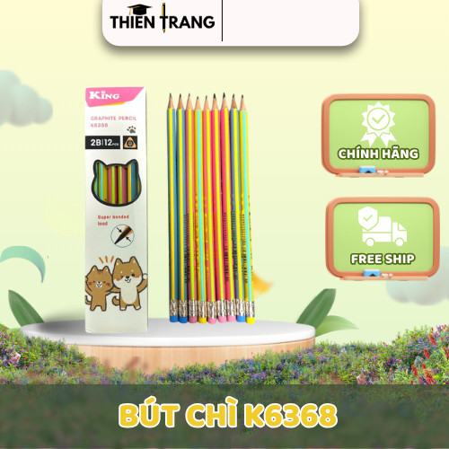 [6368] HỘP 12 Cây Bút Viết Chì Gỗ 2B Thân Sọc Đen Nhiều Màu King/ 6368 Có Gôm, Gỗ Cứng, Dễ Chuốt
