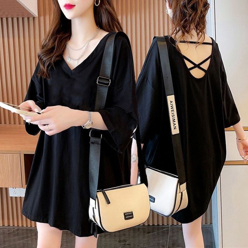 Mùa hè 100kg Fat MM Áo thun ngắn tay Top Quần áo cổ chữ v dáng rộng vừa vặn Slimer Look Cover Belly 