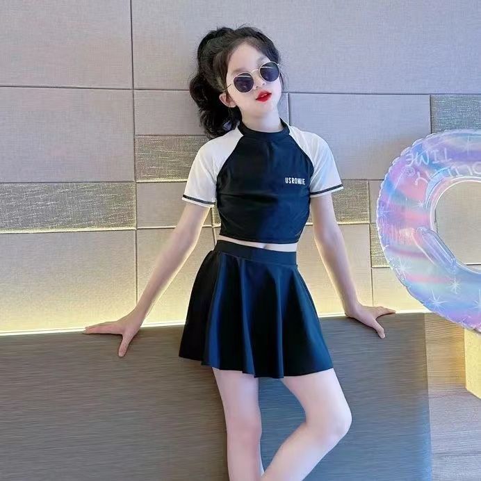 120-170cm Bé Gái Colorblock Chia Váy Đồ Bơi Loại Chống Nắng Bộ Đồ Bơi Hai Mảnh Tay Ngắn Cho Bé 3-14 