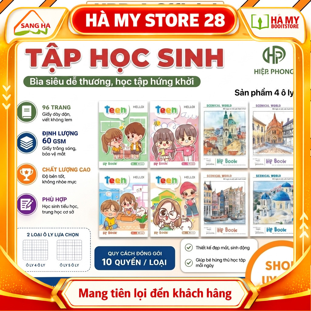 COMBO 10 QUYỂN VỞ HỌC SINH 96 TRANG A5 – 4 Ô LY CHUẨN