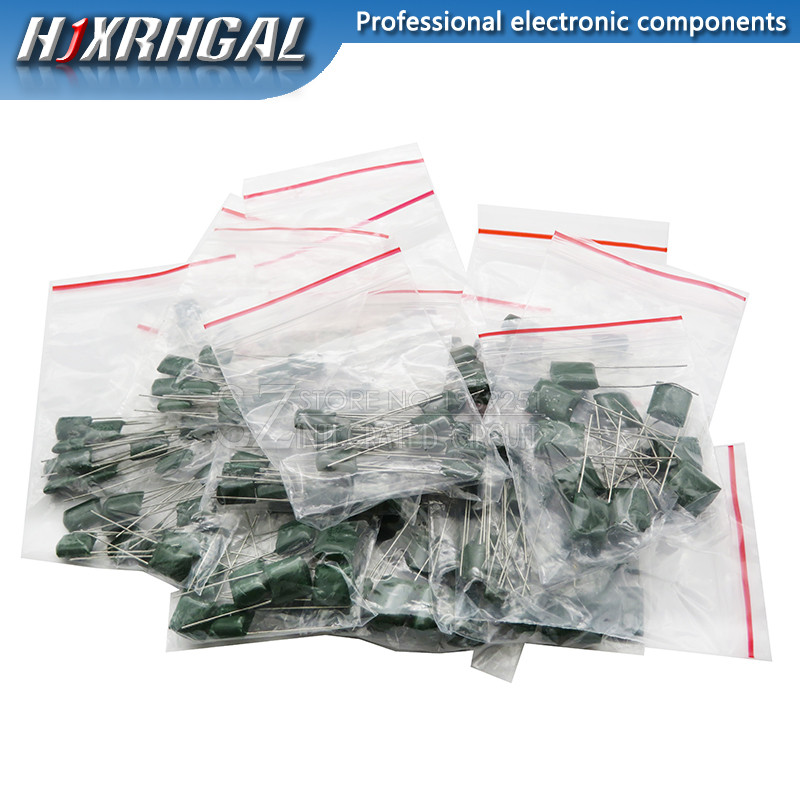 180 chiếc = 18value * 10 chiếc Bộ tụ điện phim Polyester gồm 2A104J 2A332J 2A472J 2A103J 2A333J 2A47