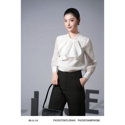 Áo sơ mi tơ trắng bấu mí ngực nơ cổ thiết kế Elise mã FW2507296TLORWH