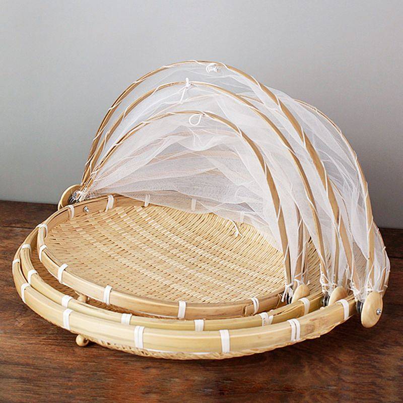 Bamboo Plaited Articles Household Fly-Proof Bamboo Basket with Mesh Cover Fruit Basket Storage Baske