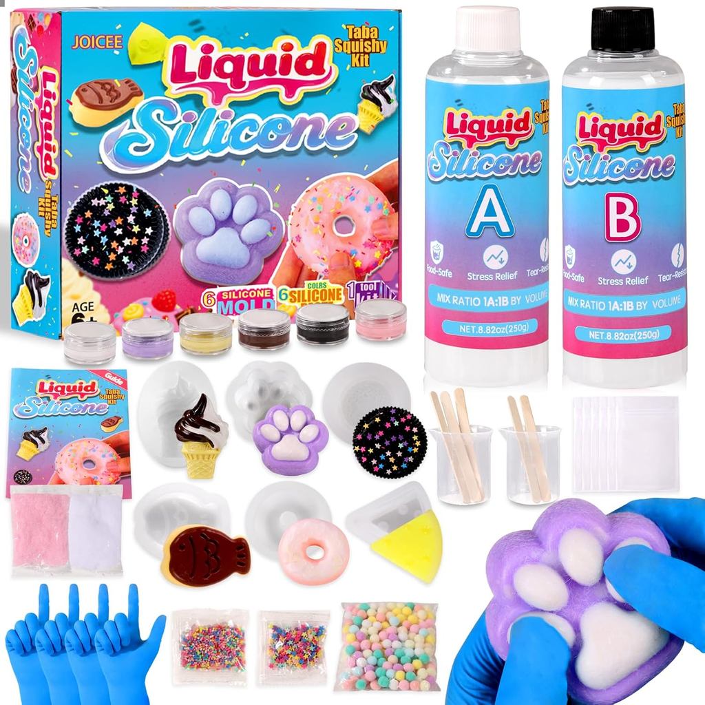 JOICEE Taba Squishy Kit, Bộ dụng cụ làm mực DIY 18OZ 1: 1 AB Silicone lỏng với 6 khuôn để làm bộ dụn