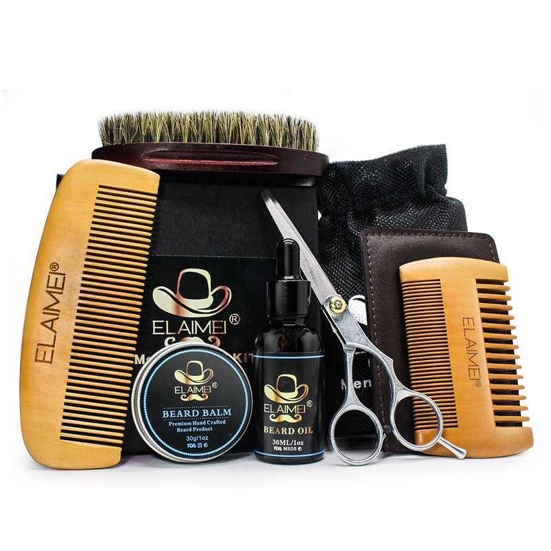 [Preferred Boutique] ELAIMEI beard care tool set beard comb bristle brush Scissors beard cream oil 6