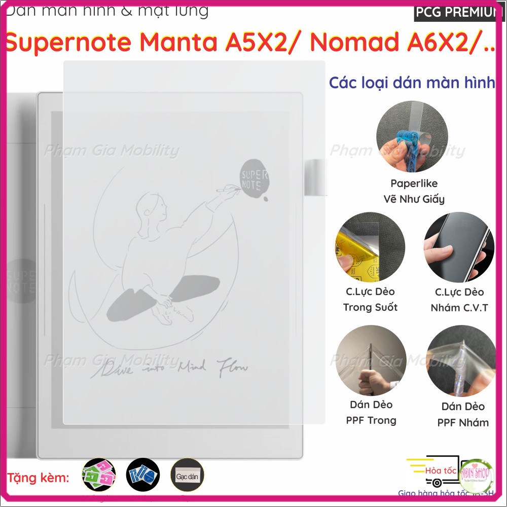 Dán màn hình dành cho máy đọc sách, ghi chú Supernote Manta A5X2/ Nomad A6X2 loại PaperLike, PPF, Na