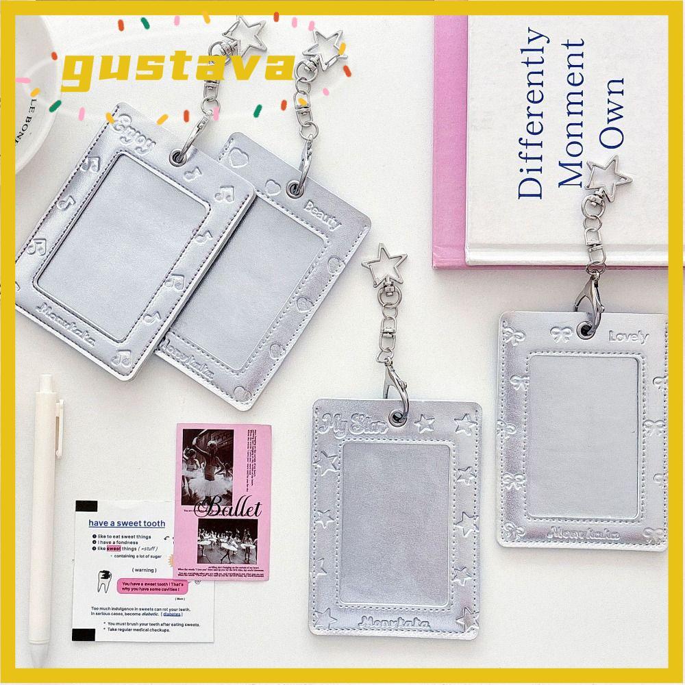 GUSTAVA Kpop Photocard Holder, Silver Stars Bowknot Idol Photo Frame, PVC 3 Inch Card Holder