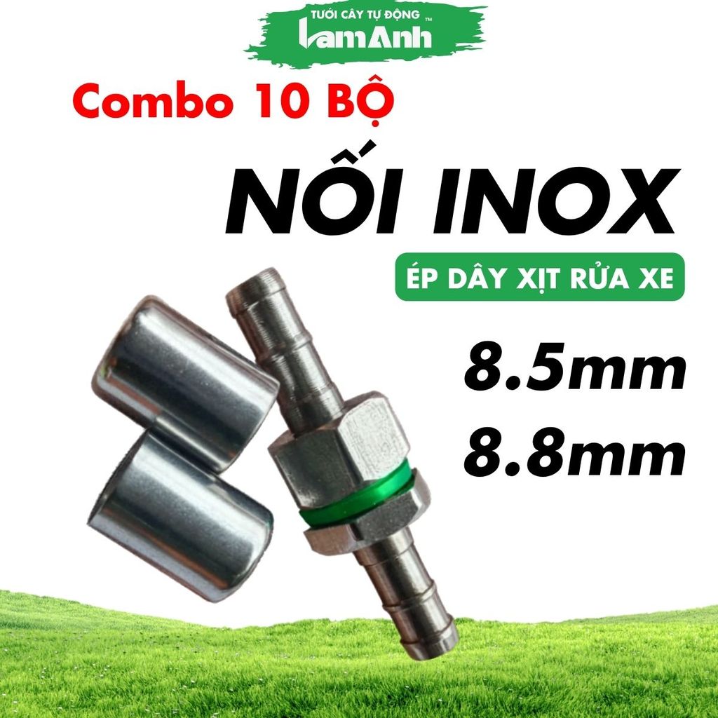10 Bộ Đầu inox 8,5mm Ép Dây Xịt Rửa xe kèm 20 khoen chụp inox hoac 20 khoen sat - Tưới LA