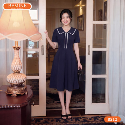 Đầm thiết kế BEMINE cổ thủy thủ viền trắng dáng chữ A phù hợp đi làm, đi chơi-B512