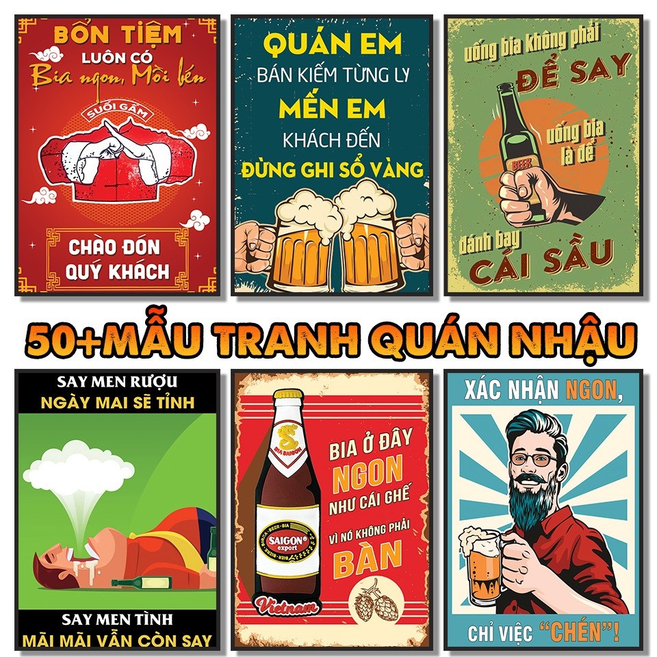 Tranh Canvas Treo Tường Decor Nhà Hàng, Quán Nhậu, Câu Vui Hài Hước Tăng Không Khí Quán