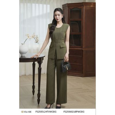 Quần suông xanh rêu vân ô túi chéo thiết kế Elise mã FS2506021BPWODG