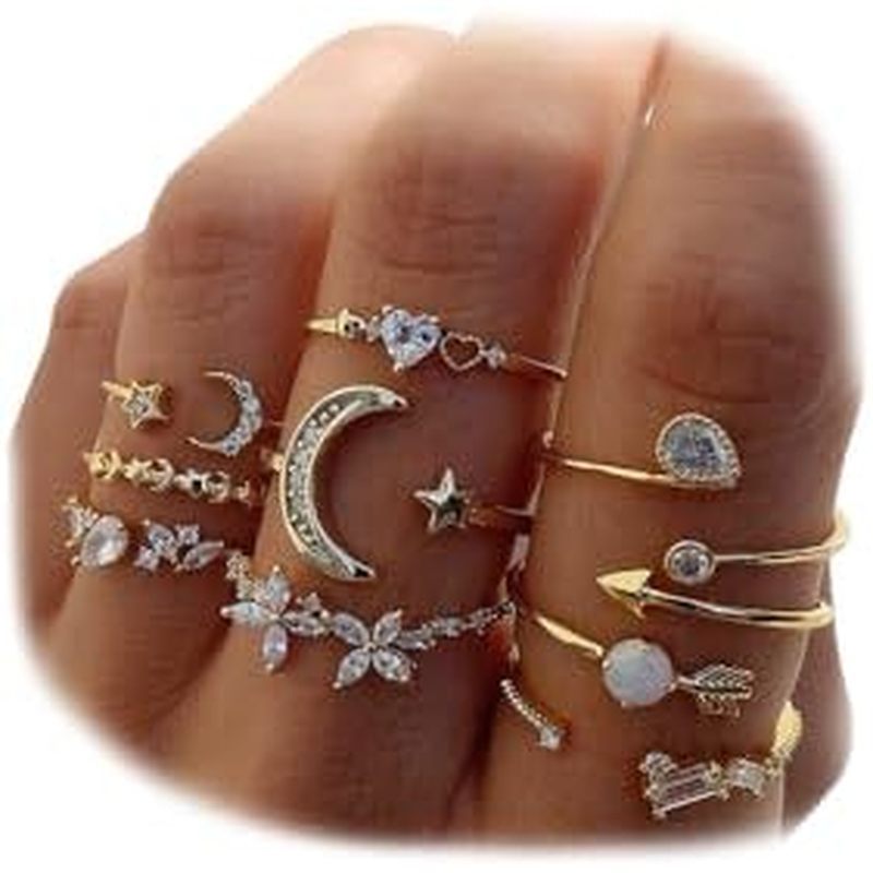 KISS WIFE Gold Stackable Moon Star Knuckle Rings Set for Women, Boho Dainty Lightweight Stacking Rin