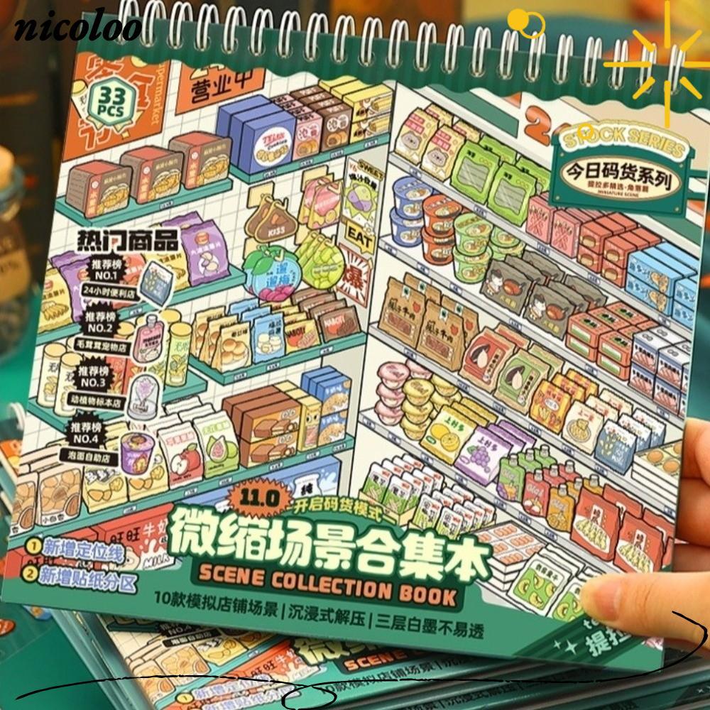 Nhãn dán cảnh thu nhỏ NICOLOO, Store Series 10 cảnh 33 tờ Nhãn dán phong cảnh Mini, 11.0 PET Die-cut