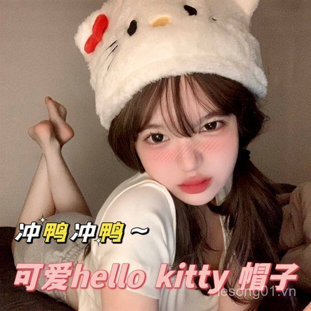 Mũ Hello Kitty Nữ Lông Thú kt Mèo Hello Kitty Dễ Thương Người Có Ảnh Hưởng Ấm Áp Mũ Đầu Học Sinh 8NB